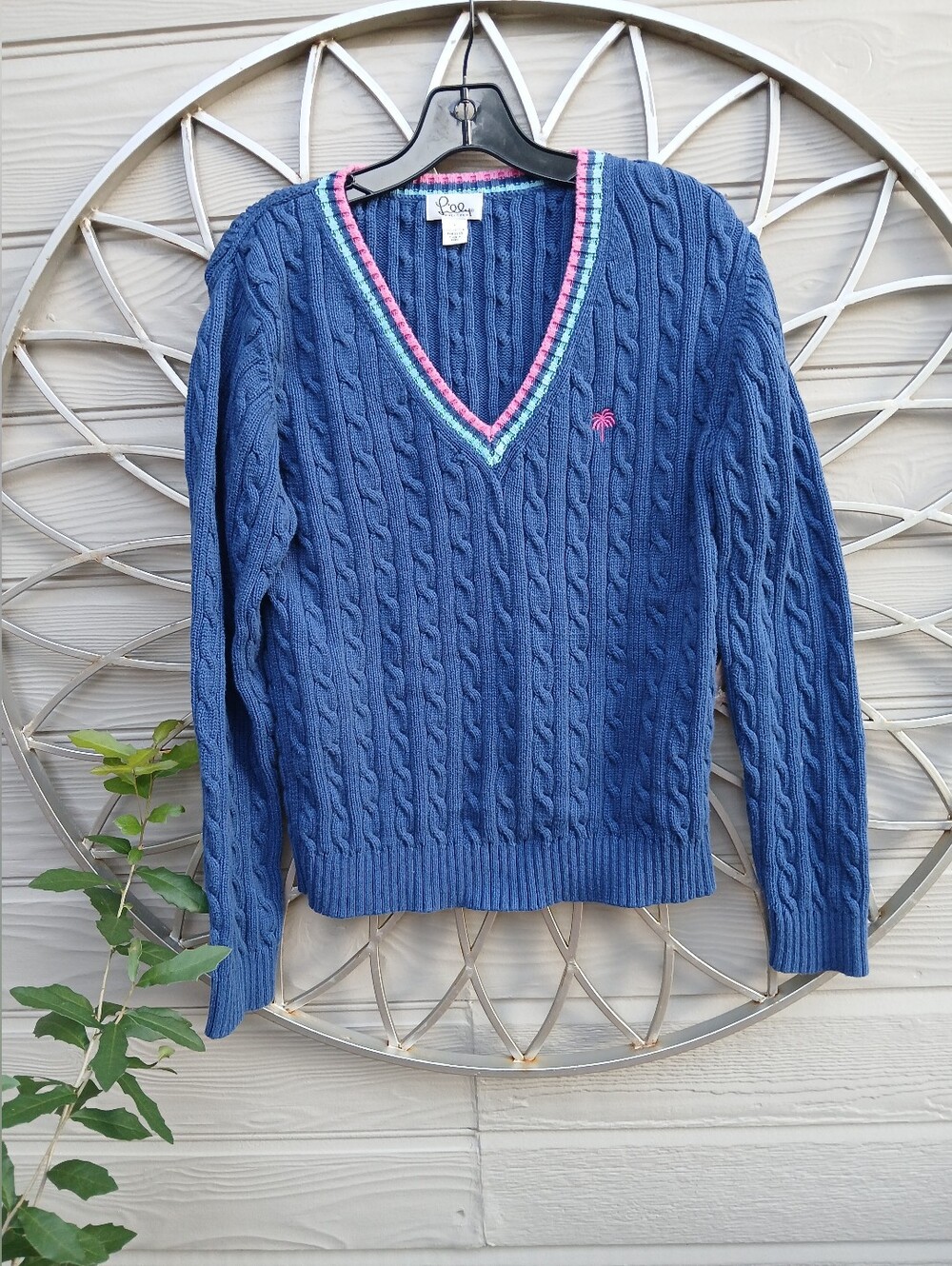 Lilly Pulitzer Navy Cable-Knit V-Neck Sweater with Pink & Blue trim